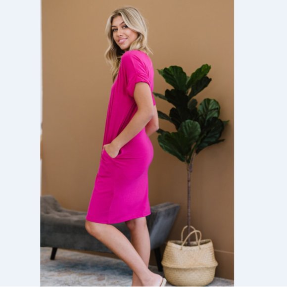 Natural Beauty Full Size Run T-Shirt Dress with Pockets in Magenta - Picture 4 of 13
